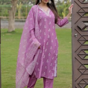 Onion Pink Rayon Embroidered Kurta Pant Set
