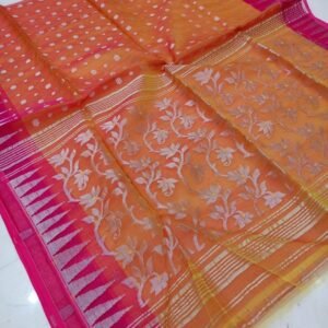 Orange And Pink Border Soft Pure Maslin Dhakai Jamdani Saree