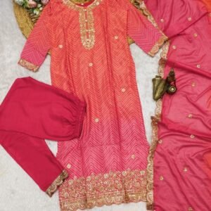 Orange And Pink Designer Bandhani Print Chinon Three Piece Kurtis Set