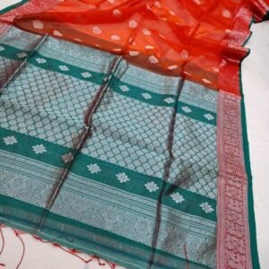 Orange And Rama Wedding Pure Muslin Banarasi Saree