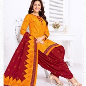Orange And Red Pure Cotton Readymade Printed Patiala Suits