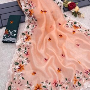 Orange Beautiful Heavy Embroidery Work Khadi Organza Silk Saree