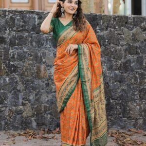 Orange Beautiful Wedding Foil Printed Dola Silk Saree With One Meter Blouse