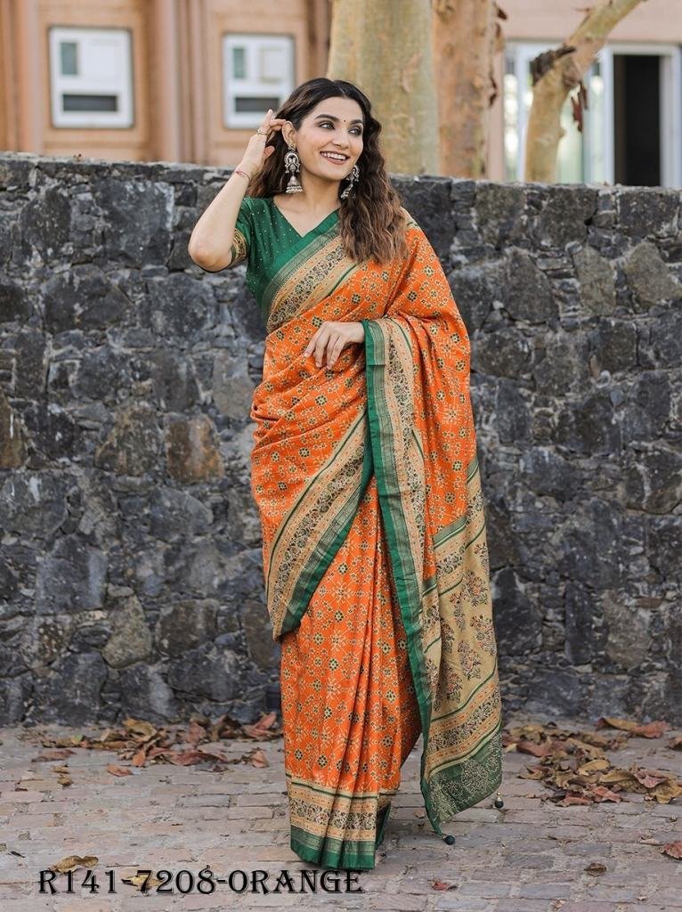 orange beautiful wedding foil 1720774194 Orange Beautiful Wedding Foil Printed Dola Silk Saree With One Meter Blouse