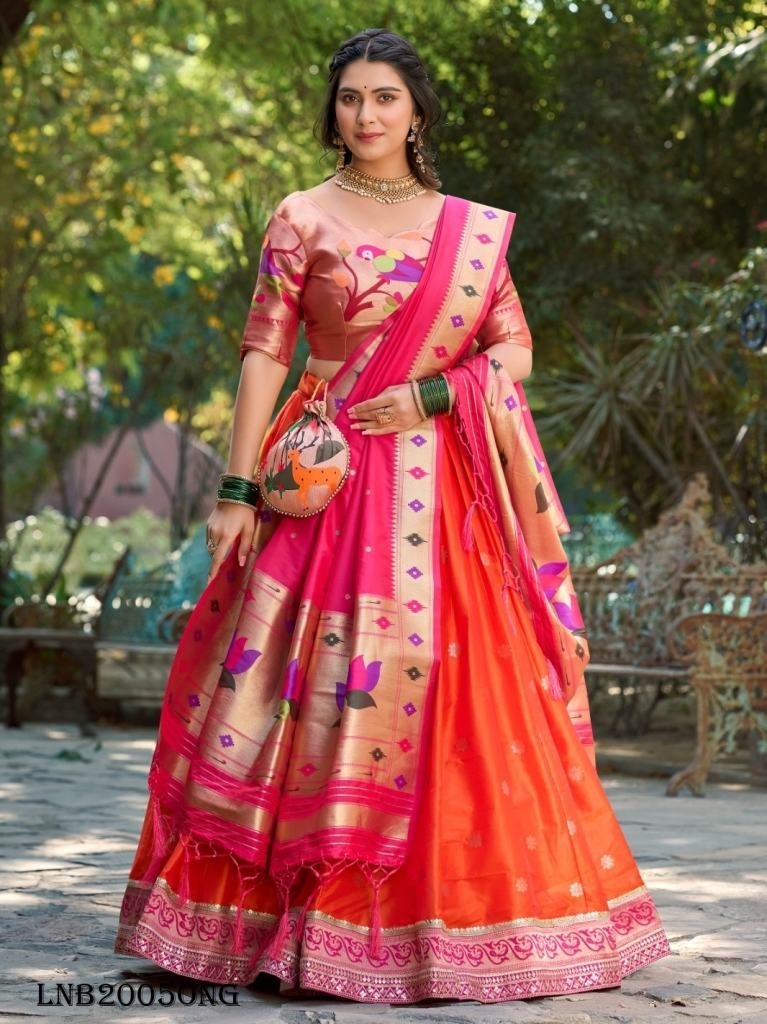 orange color classic jacquard 1717485670 Orange Color Classic Jacquard Silk Paithani Lehenga Choli