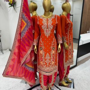 Orange Designer Embroidered And Sequence Chinnon Dhoti Salwar Suits
