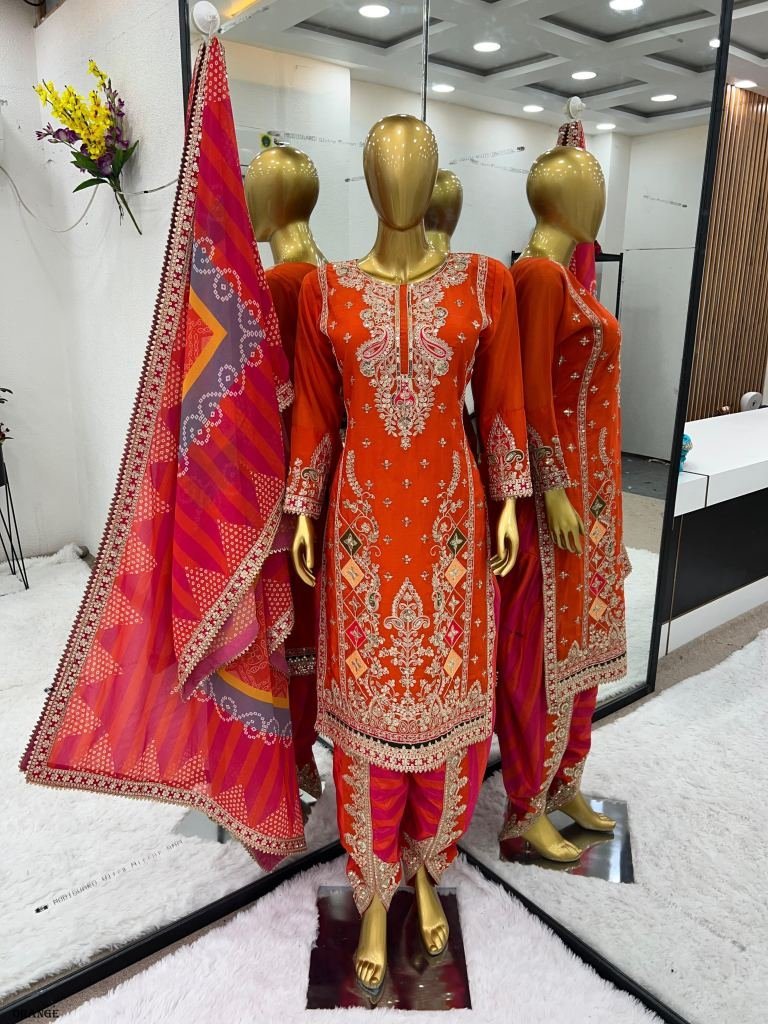 orange designer embroidered an 1717060022 Orange Designer Embroidered And Sequence Chinnon Dhoti Salwar Suits