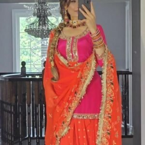 Orange Designer Embroidery Sequince Work Malai Silk Dhoti Skirts Suits