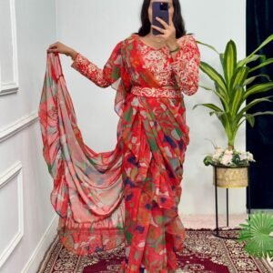 Orange Digital Printed Ready To Wear Georgette Ruffle Saree