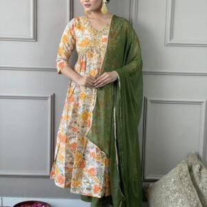 Orange Embroidered Chinon Alia Cut Kurti Pant Set with Dupatta