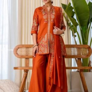 Orange Embroidery V Neck Front Slit Palazzo Set