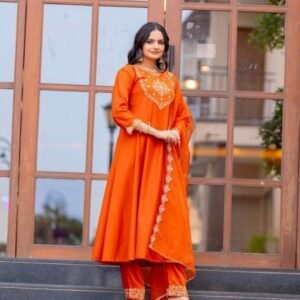 Orange Fancy Embroidered Pure Chinon Suits Dupatta Set