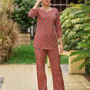 Orange Flower Printed Cotton Top And Pant Co ord Set