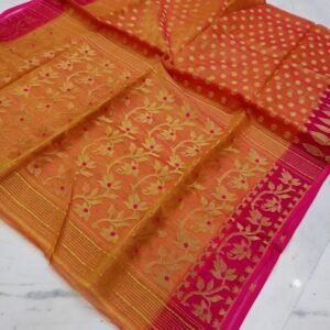 Orange Flower Soft Pure Maslin Dhakai Jamdani Saree