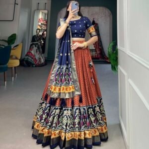 Orange Foil Print With Patola Tussar Silk Lehenga