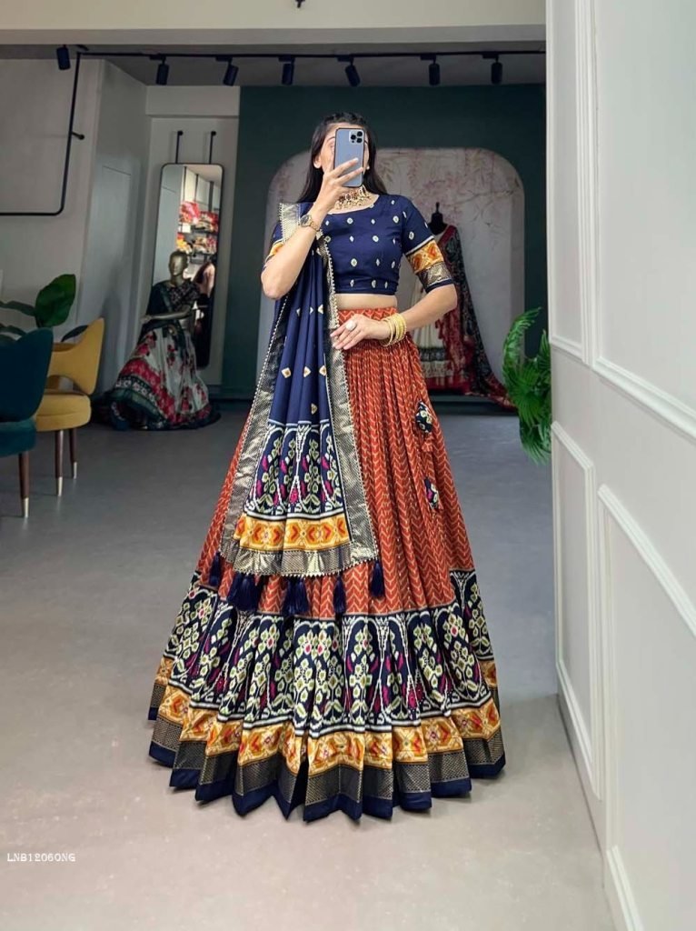 orange foil print with patola 1712753069 Orange Foil Print With Patola Tussar Silk Lehenga
