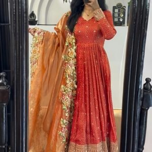 Orange Heavy Embroidery Sequence Work Stitched Gown With Dupatta