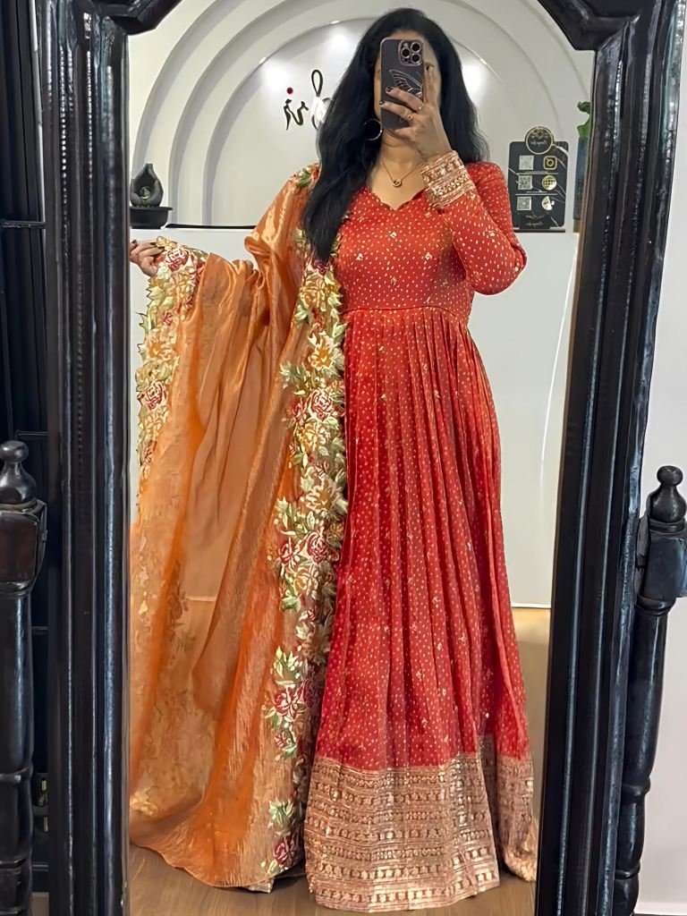 orange heavy embroidery sequen 1747218186 Orange Heavy Embroidery Sequence Work Stitched Gown With Dupatta