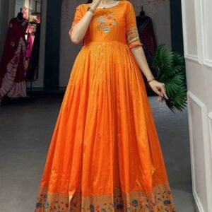 Orange Jacquard Silk Paithani Gown
