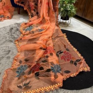 Orange Party Wear Handwork Pure Organza Saree