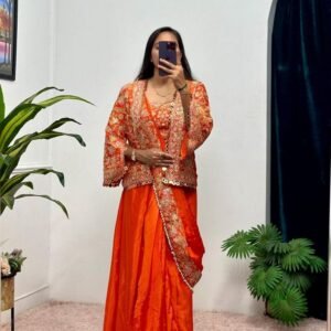 Orange Party Wear Ready To Wear Uniqe Style Sarees