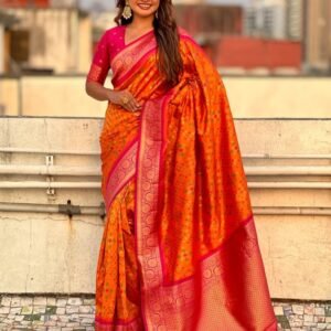 Orange Patola Silk Saree With Contrast Border