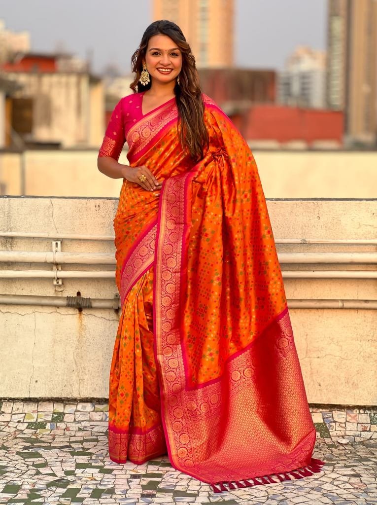 orange patola silk saree with 1748863615 Orange Patola Silk Saree With Contrast Border