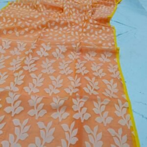 Orange Purple Pearl Print Jharapata Muslin Cotton Soft Jamdani Saree