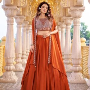 Orange Rangoli Silk Lehenga With Heavy Blouse And Shrug