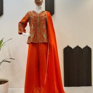 Orange Sequance Embroidery Work With Plazzo And Dupatta Set