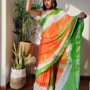 Orange With Green Shibori Saree With Blouse