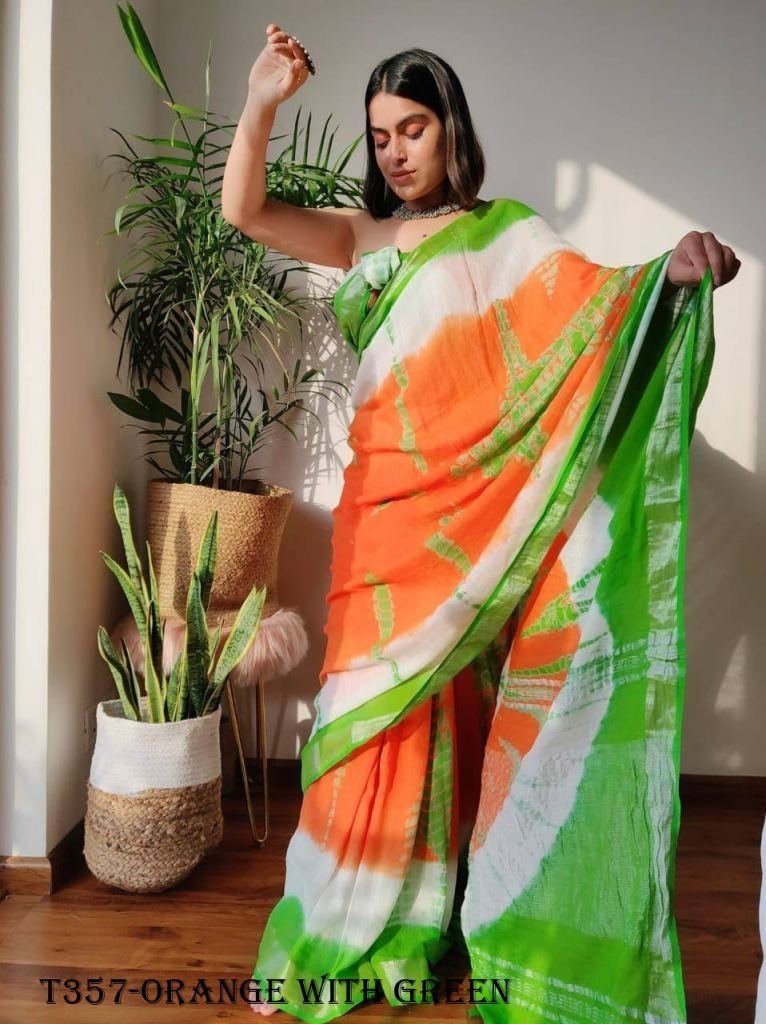 orange with green shibori sare 1725011530 Orange With Green Shibori Saree With Blouse