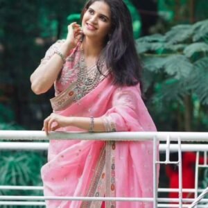 Organza Silk Embroidery Work Pink Saree