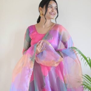 Organza Silk Heavy With Digital Print And Handwork Full Sleeve gown