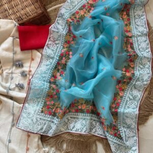 Organza Silk Light Blue Saree With Embroidery Work