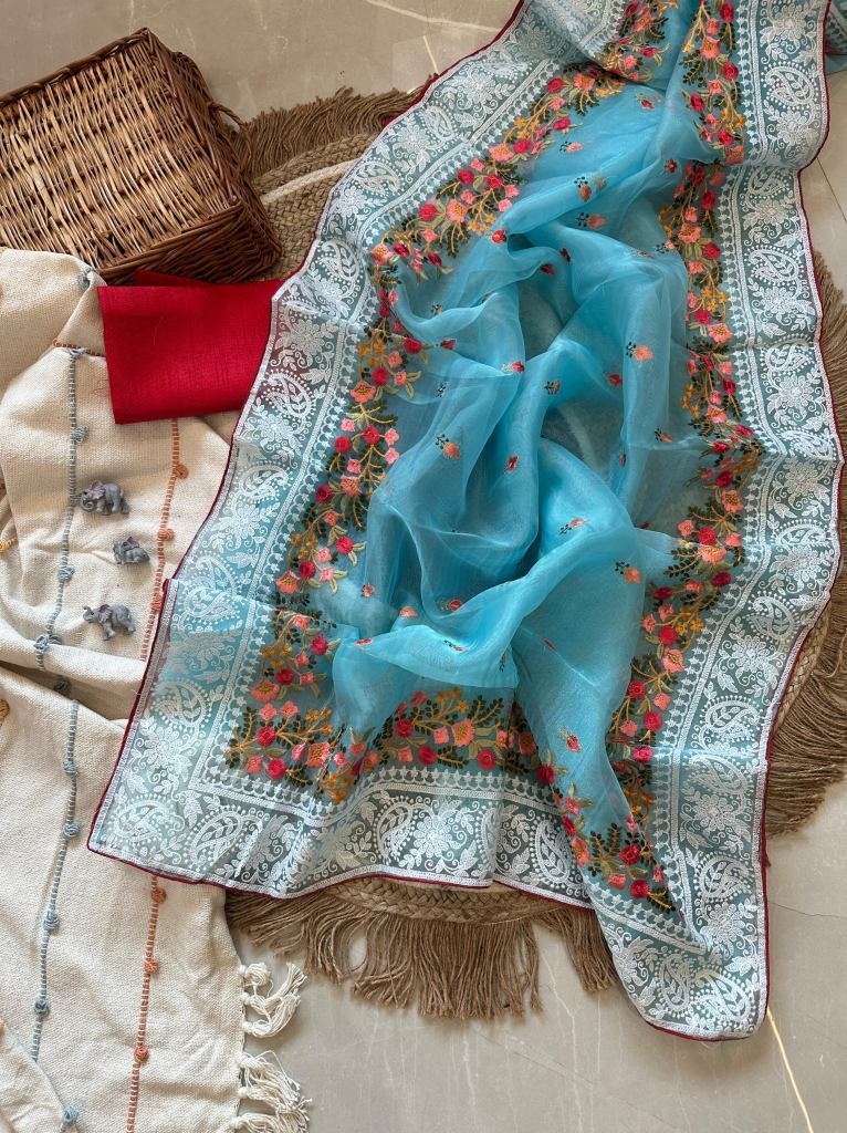 organza silk light blue saree 1729572834 Organza Silk Light Blue Saree With Embroidery Work