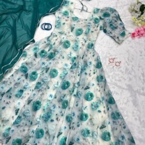 Organza Silk Party Wear Green Gown With Dupatta