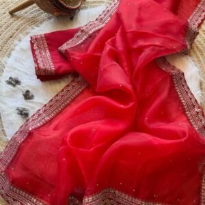 Organza Silk Red Diamond And Sequence Work Party Wear Saree