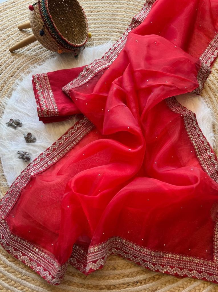organza silk red diamond and s 1746869593 Organza Silk Red Diamond And Sequence Work Party Wear Saree