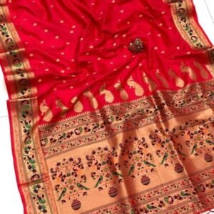 New Launching Soft Kasturi Red Silk Saree With Gold Zari Weaving