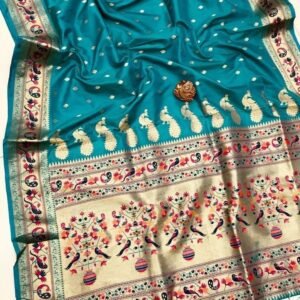 Fancy Super Soft Kasturi Turquoise Silk Saree With Gold Zari Weaving