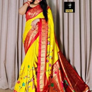 Paithani Digital Print Yellow With Red Pallu Saree