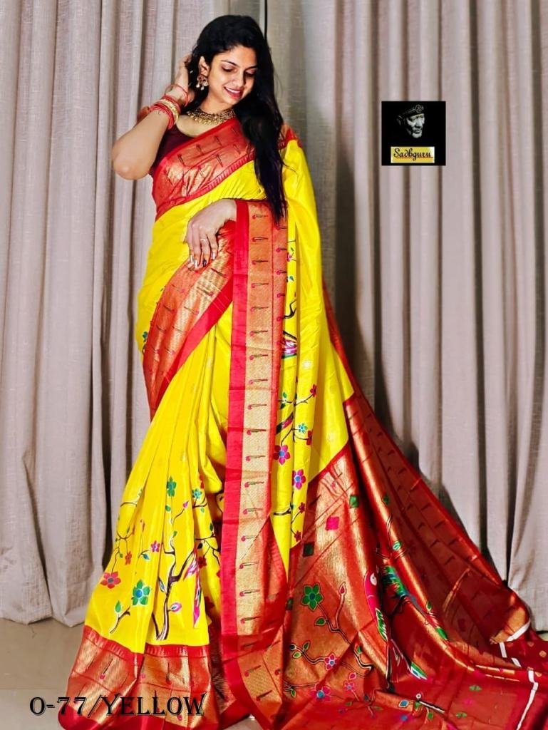 paithani digital print yellow 1724502390 Paithani Digital Print Yellow With Red Pallu Saree