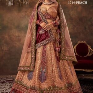 Pal Heavy Designer Velvet Bridal Lehenga with Zarkan and Hand work Peach 1714