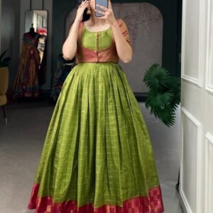 Parrot Color Zari Weaving Work With Zari Chex Wedding Dress