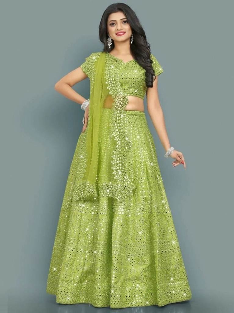 parrot green colour mirror wit 1713343530 Parrot Green Colour Mirror With Heavy Embroidery Work Lehenga Choli