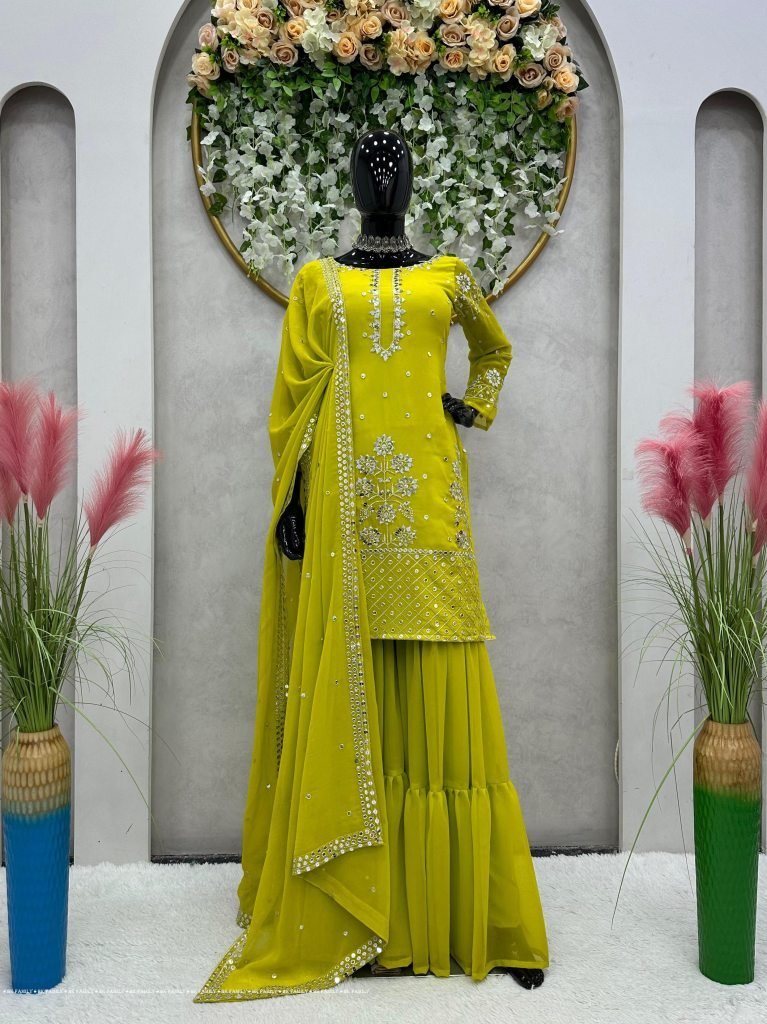 parrot green designer heavy fa 1711185588 Parrot Green Designer Heavy Faux Georgette Sharara Suit