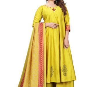 Parrot Green Fancy Neck Roman Silk Anarkali Kurtis