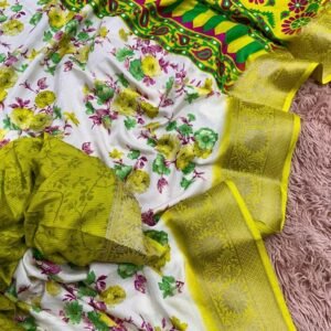 Parrot Green Flower Printed Dola Silk Saree With Jacquard Border