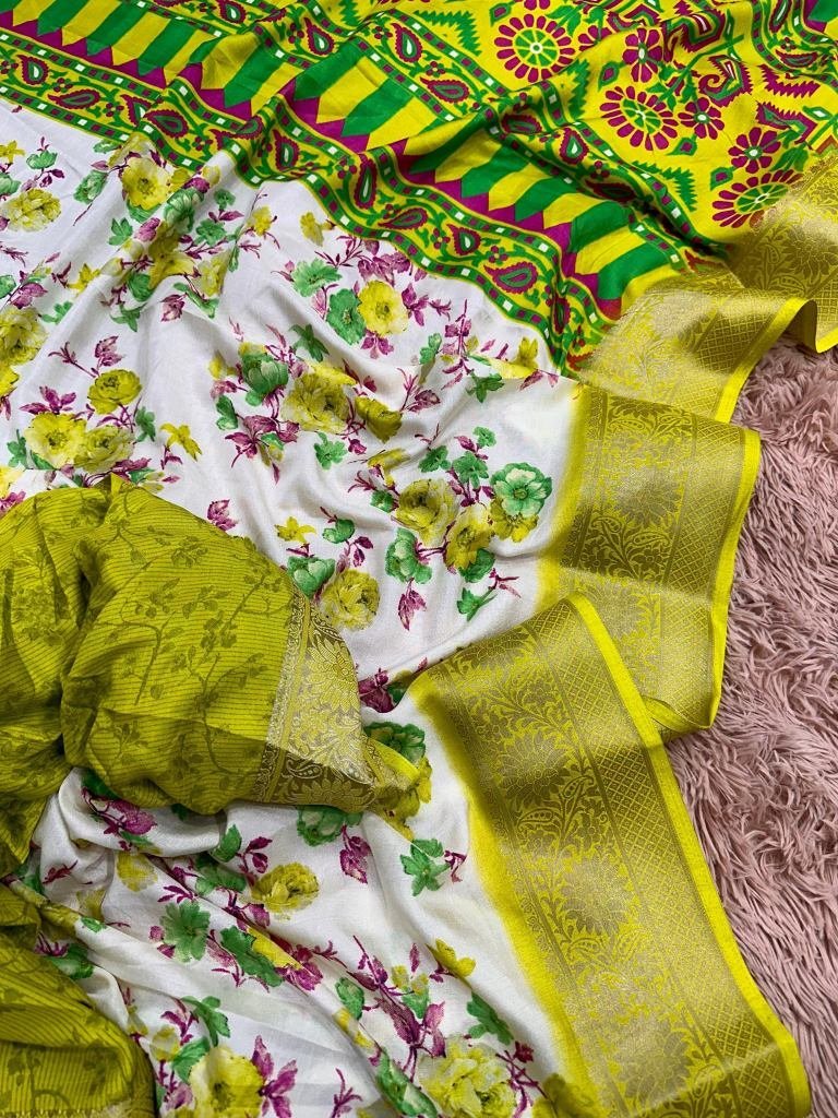 parrot green flower printed do 1729859279 Parrot Green Flower Printed Dola Silk Saree With Jacquard Border